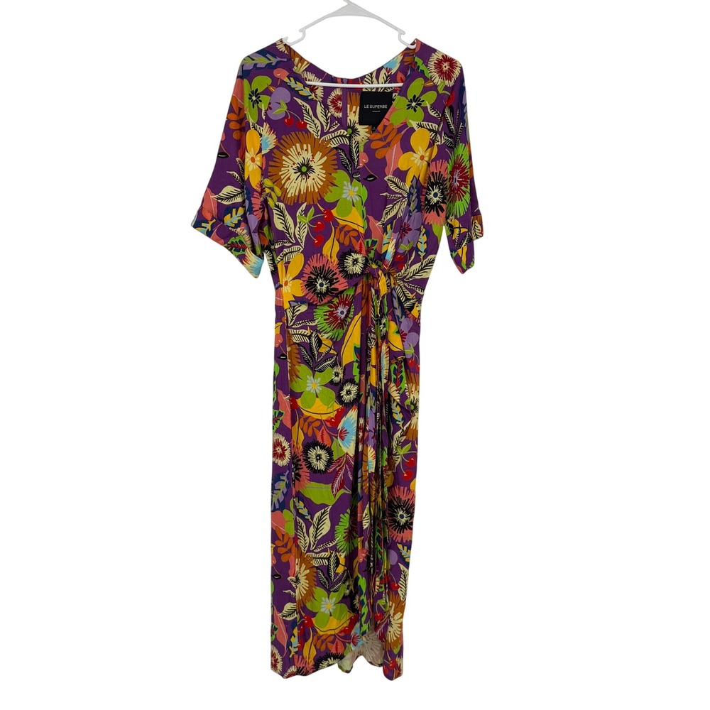 Le Superbe Cherry Purple Floral Tropical Print Knot Front Maxi Dress Size 4